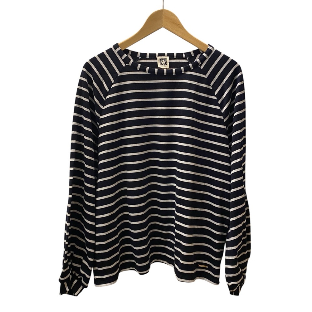 Anne Klein Striped Knit Top Women Navy White Pullover Sweatshirt Cozy
